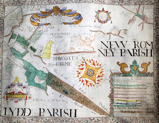 A Map of Marthland, Lyeing in Lydd, New Romney, Old-Romney, Brookland, and Faverfield Parishes, 1701 Romney Parish parchment 22.5 x 29